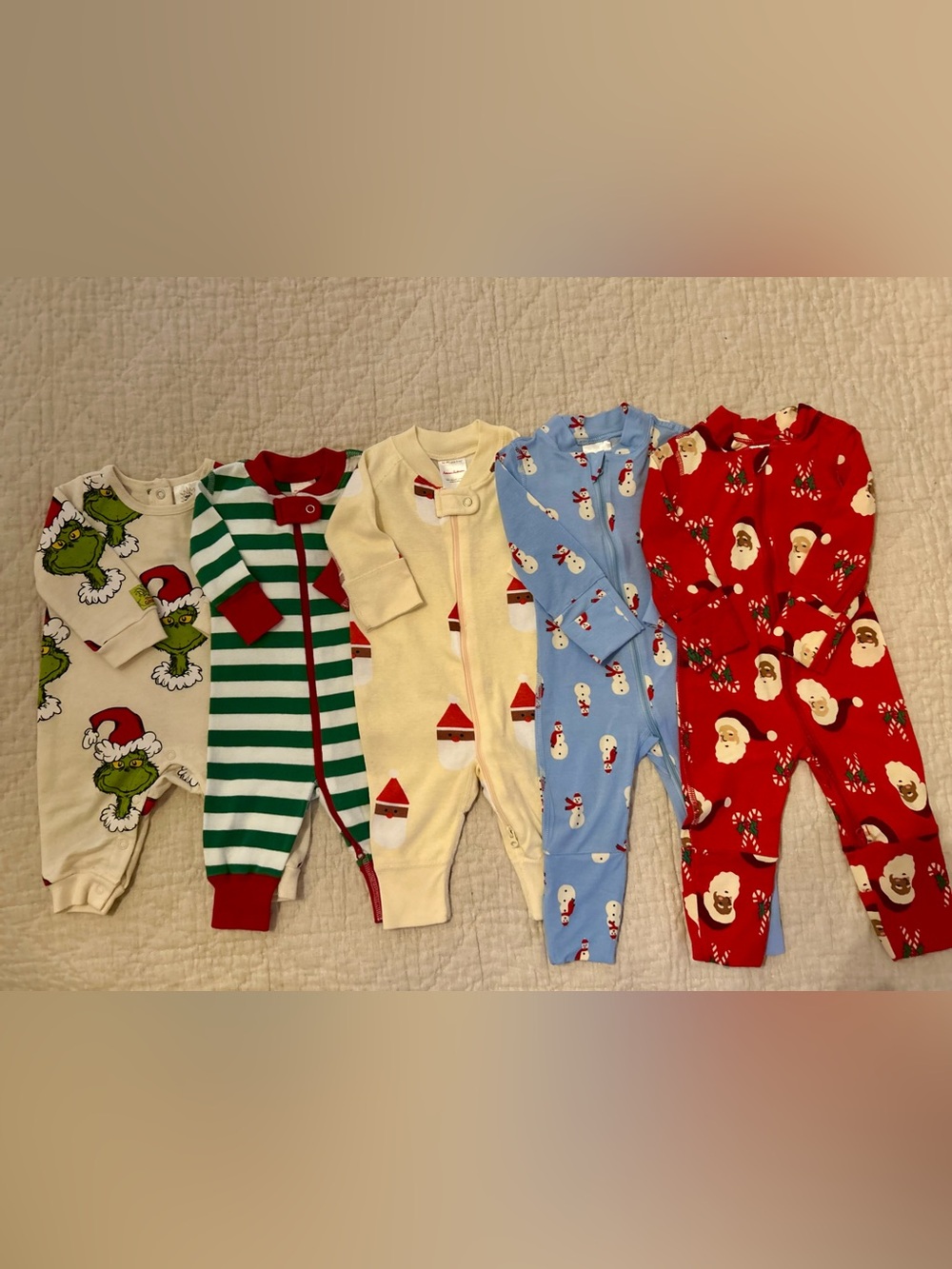 5 Holiday Print Rompers/Footie Hanna Andersson, Little Sleepies sized 0-3 months